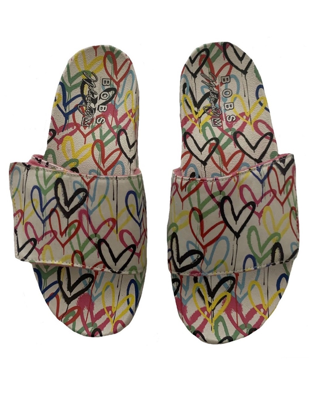 GOOD Size 6 Women’s BOBS by Skechers Heart Print JGoldcrown Slides Sandals Shoes